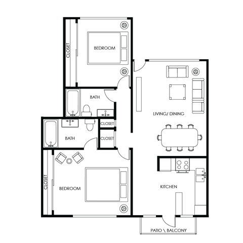 A floor plan of a house with two bedrooms, a living/dining area, a kitchen, and a pantry/balcony.